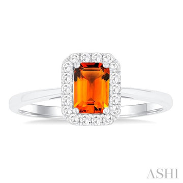 6x4 MM Octagonal Shape Citrine and 1/6 Ctw Round Cut Diamond Halo Semi-Precious Ring in 14K White Gold